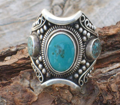 Tibetan Ring Turquoise & Sterling Silver - sz 10.25